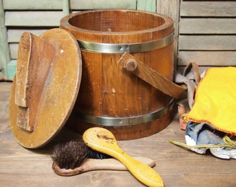 Vintage wood Shoe Shine Bucket with supplies brushes clothes polish ...