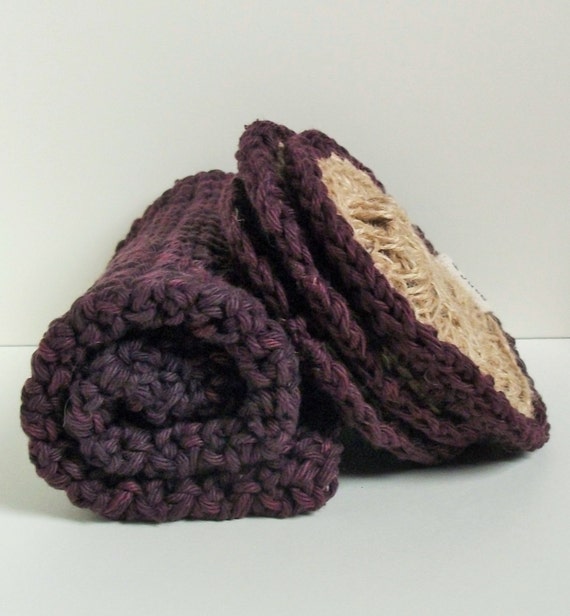 Eco-friendly Set of 3 scrubbies and one crochet washcloth in 100% natural cotton and jute