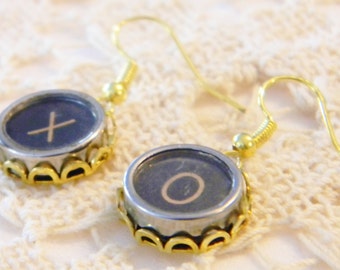 Antique Typewriter Key X and O Earrings Jewelry Black Dangle Earrings X O Keys Symbols for Love Hugs Kisses Gold Earrings Typewriter Keys