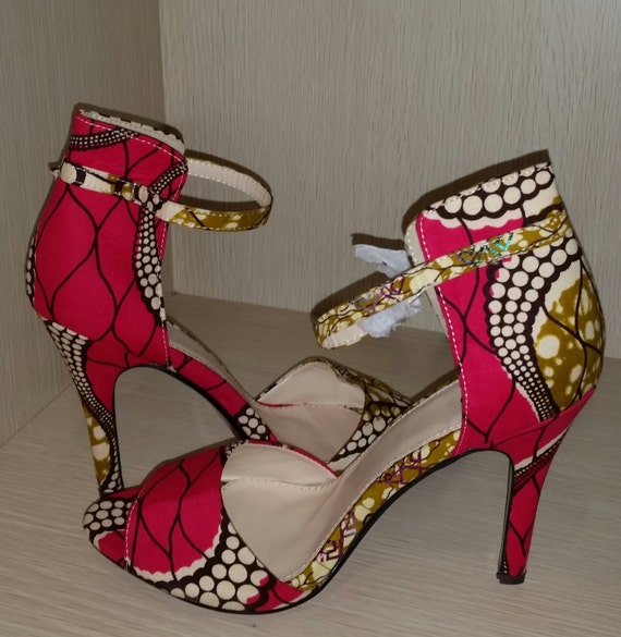 Pink and Olive Ankara African Print High Heeled Sandals. Attractive African Shoes, For Any Occasion. African Fashion High heeled Sandals .