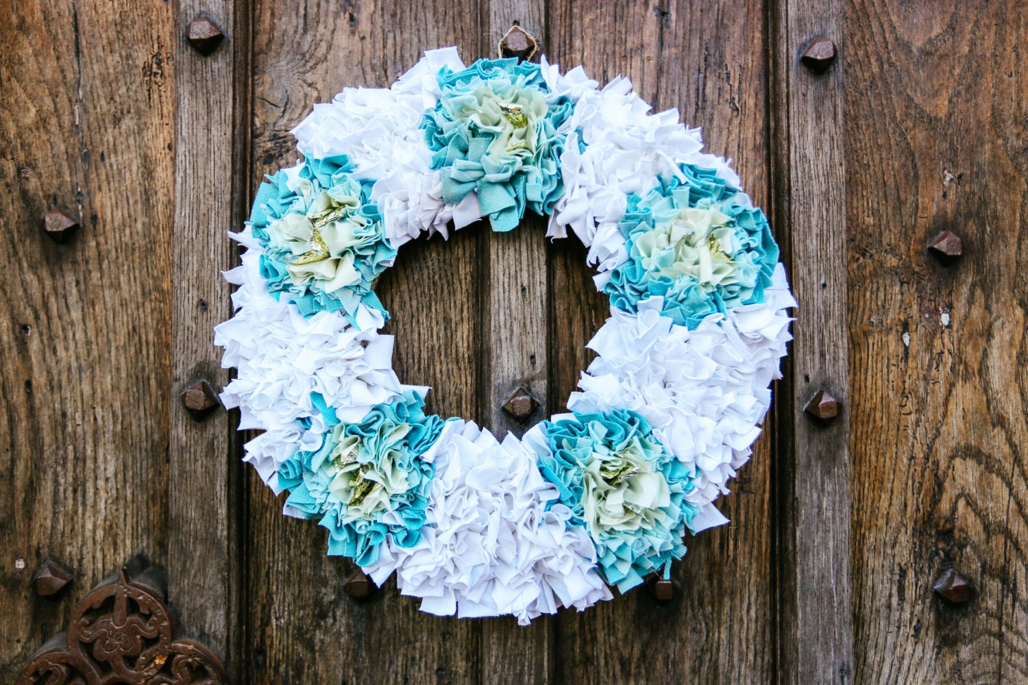 White & Icy Blue Rag Rug Christmas Wreath