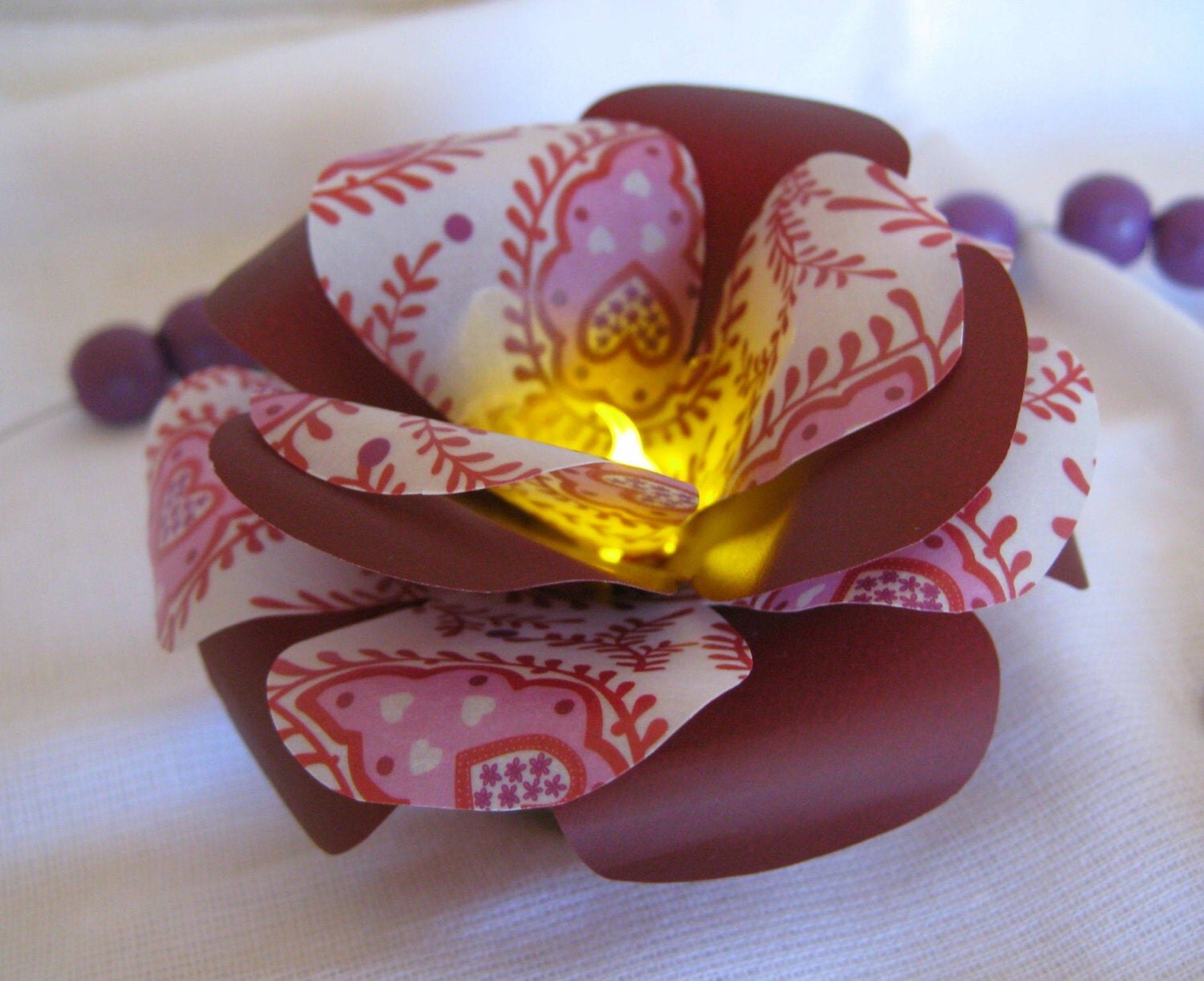 Set of 3 LED Paper Flowers LED Light Maroon by ThePurpleDream