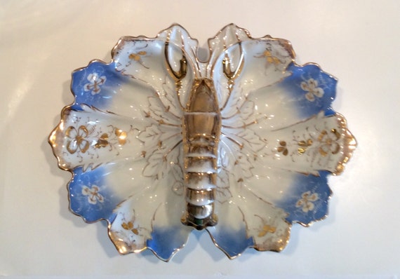 Collectible Antique Lobster Dish by John Schachtel, Germany 19th Century Hand Painted Porcelain Divided Serving Bowl