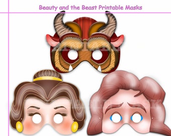 Unique 3 Beauty and the Beast Printable Masks, party mask, Belle, birthday, decoration, photo booth props, kids dress up mask, costume, Diy