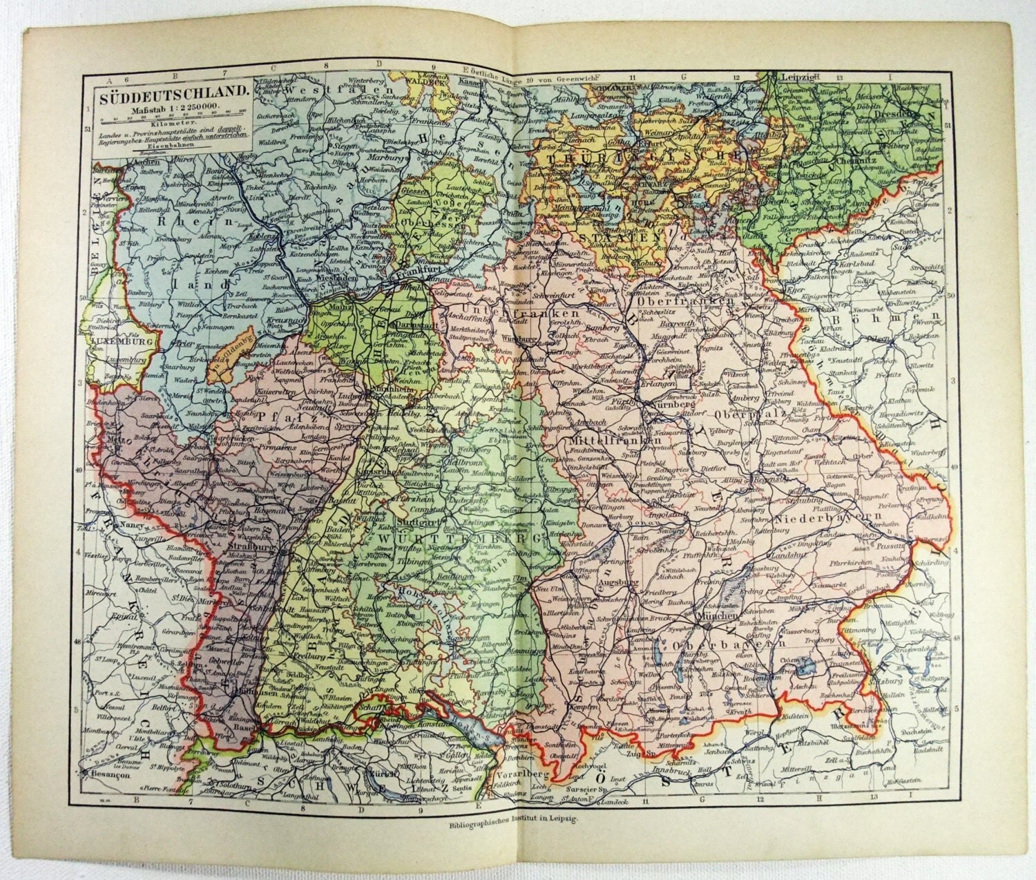 Vintage Original Map of Southern Germany in 1900.