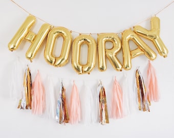 HOORAY balloons - gold letter balloon tassel garland set
