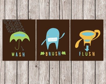 Bathroom Printable Art Print Children's Bath Monsters Brush Flush Wash Bath Wall Art, 8 x 10 Instant Download Digital File