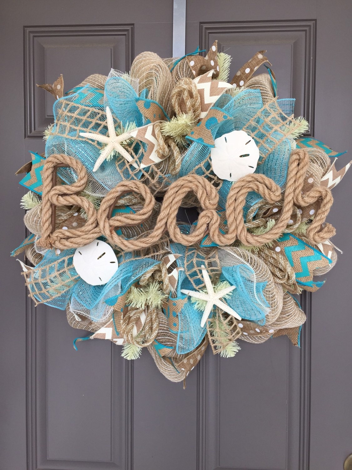 Beach Burlap Deco Mesh Wreath with Seashells Seashell Wreath