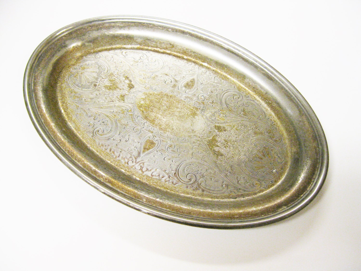 Oval Silver Plate Tray Engraved Silver on Copper Retro