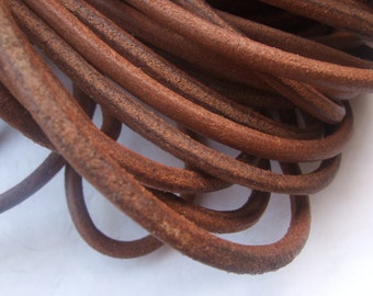 5mm Round Natural Genuine Leather Cord , Natural Brown Real Leather 5mm thick - 1 Meter P023
