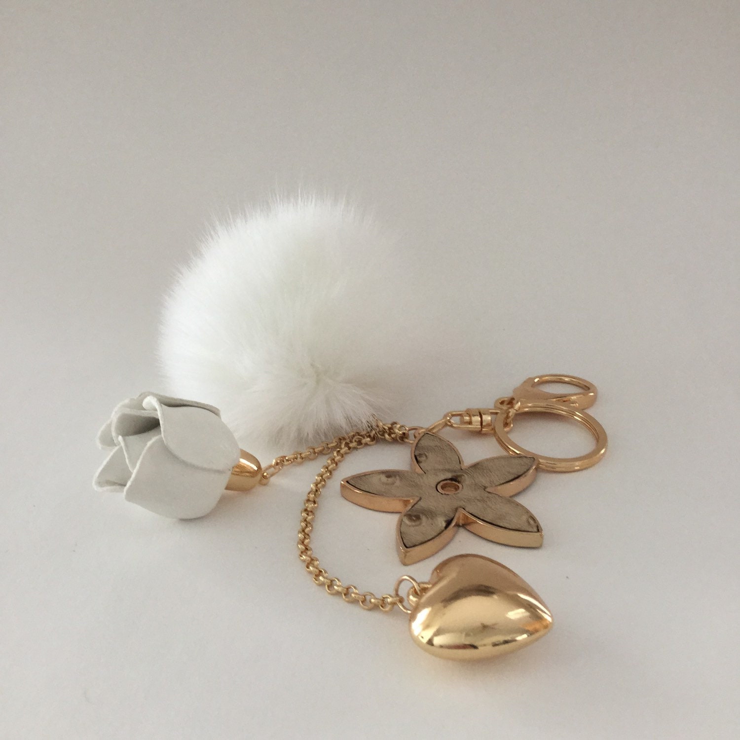 Genuine FOX fur ball pom pom bag charm tassel keychain White