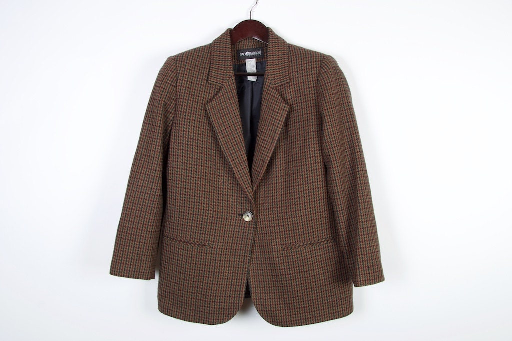 Plaid Wool Blend Womens Blazer Brown Houndstooth Jacket Size