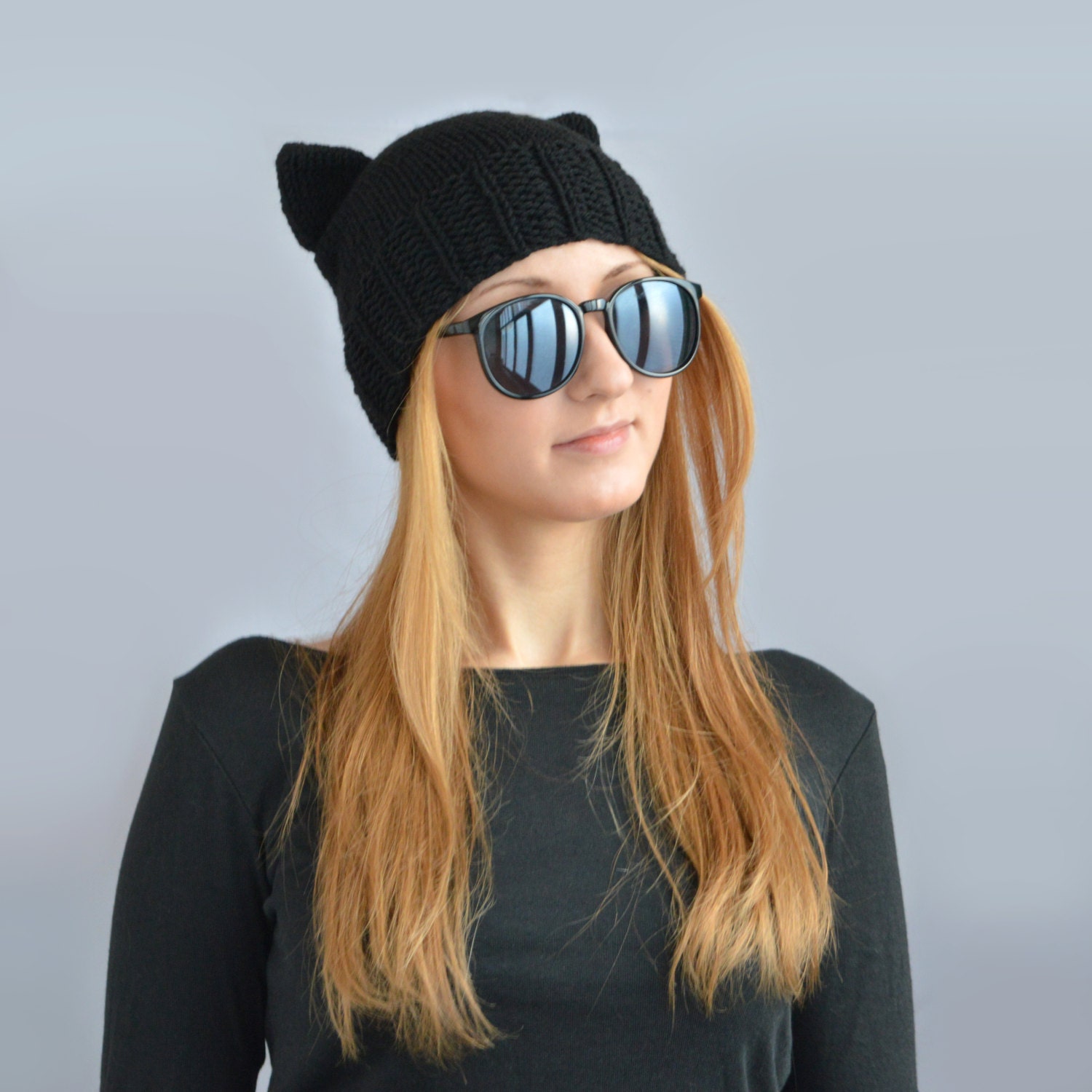 Black Cat Hat Knit Cat Ear Hat or Cat Beanie Womens Cat Hat