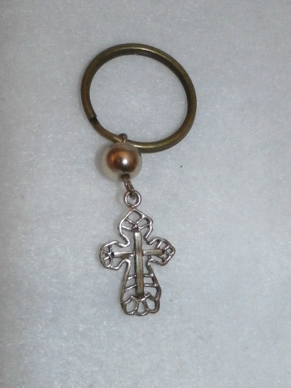 Gold tone cross key chain by MadeForHimArtJewelry on Etsy