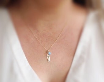 Opal necklace, feather necklace, gold necklace ,opal feather necklace, feather, everyday necklace, valentines days gift,Gift for her