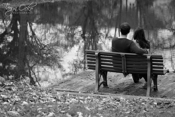 Happy Couple on a Park Bench Black and White Photography Print
