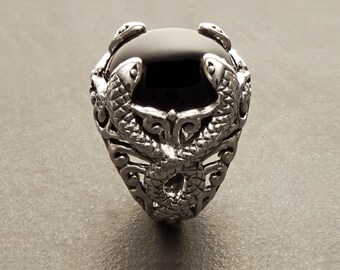 Black Onyx Gemstone Snakes Ring, with an intricate pattern of swirling snakes coiling around the Genuine Onyx Cabochon. Design Handmade Ring
