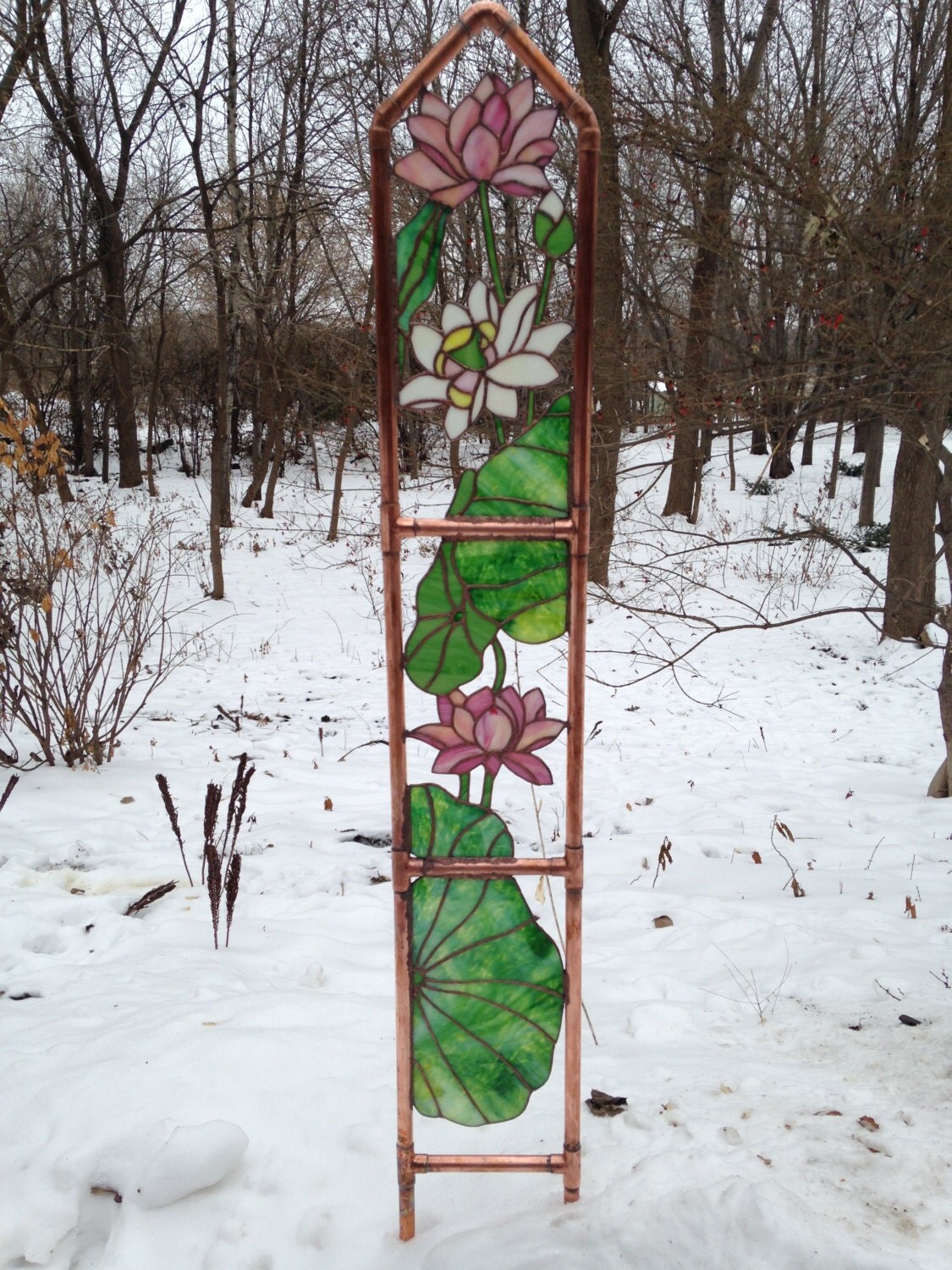 Stained glass lotus flower garden/outdoor trellis with copper