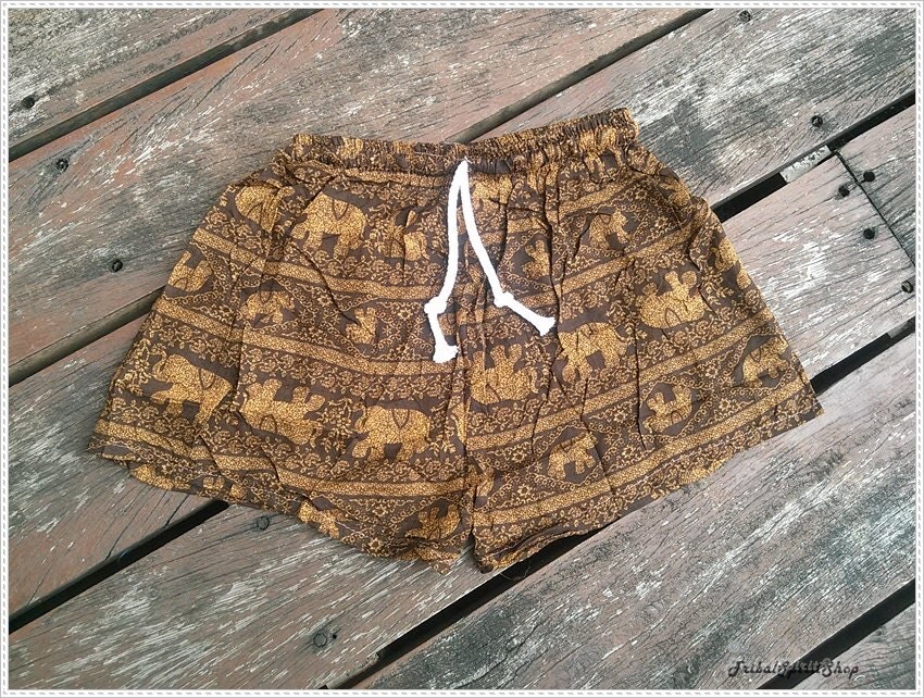 Brown Shorts Elephant Printed Rayon Boho Hobo Beach Hippie
