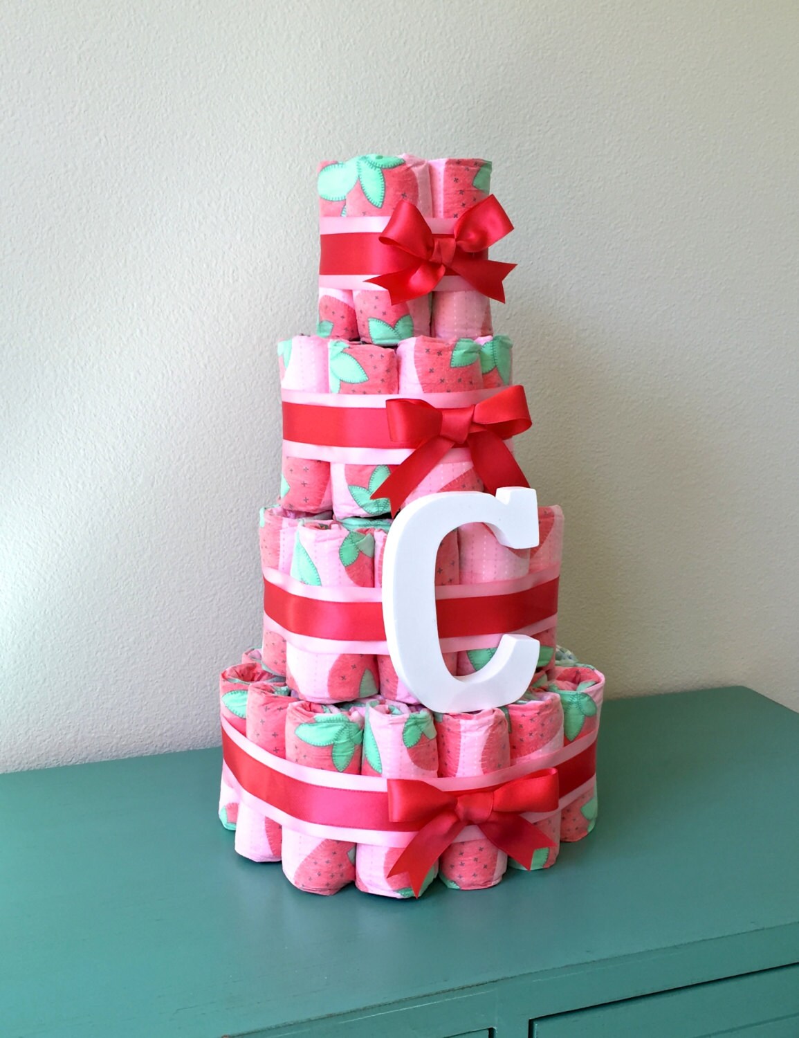 Strawberry Initial Diaper Cake Honest by BeachBabyDiaperCakes