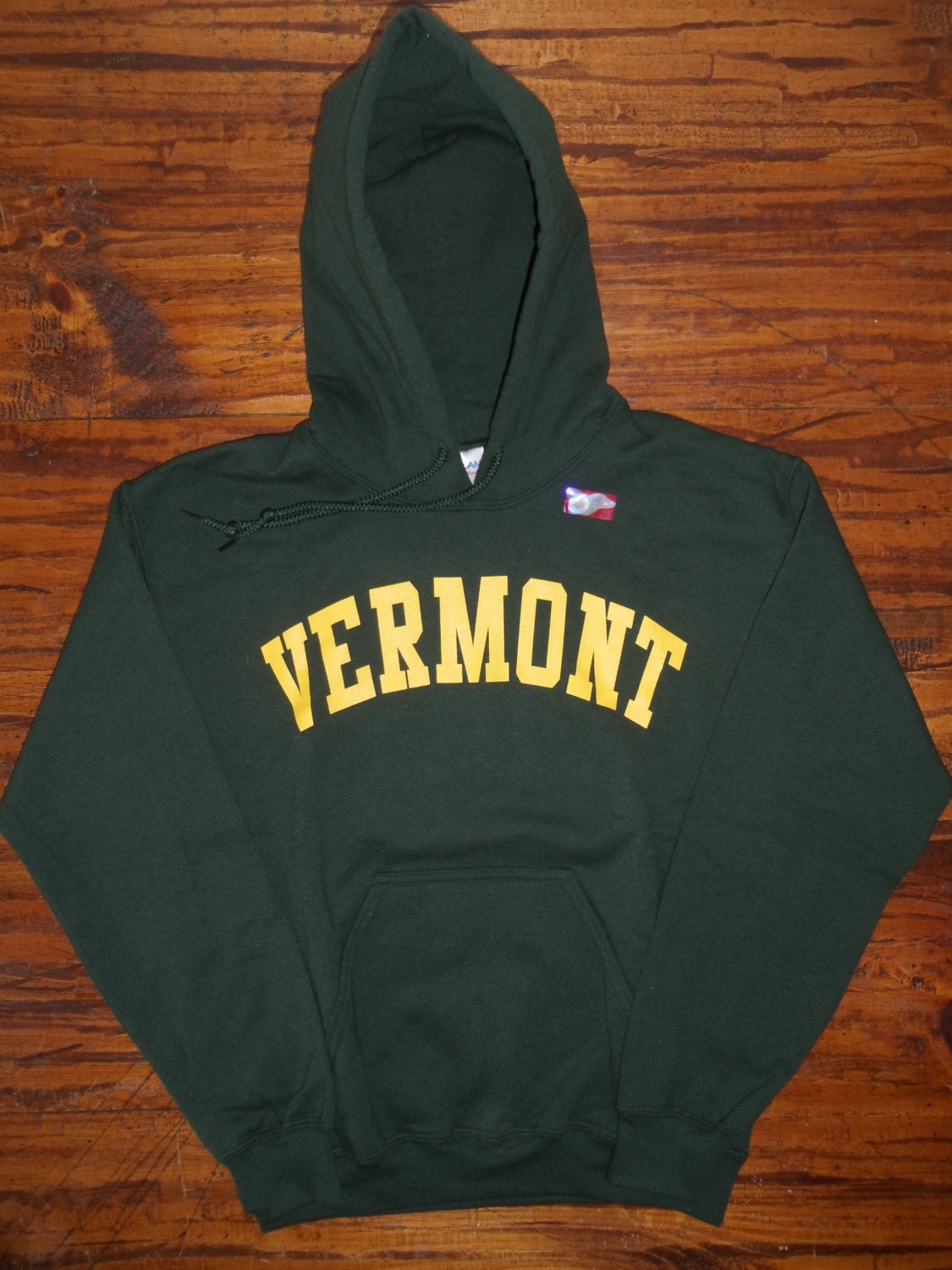 Vermont Hooded Sweatshirt on Forest Green Hoodie with Gold