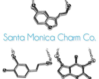 The Original Santa Monica Charm Co. Molecule Necklace (SEROTONIN, CAFFEINE, or DOPAMINE) With Polished Science Charms and Cotton Gift Pouch