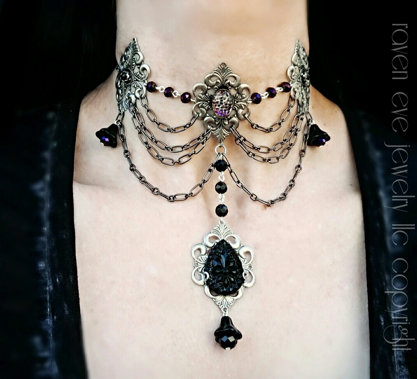Gothic Choker Flores Nocte Necklace Goth Filigree and Jet