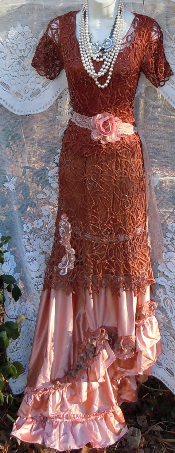  Rust  crochet dress  lace satin pink  vintage by vintageopulence