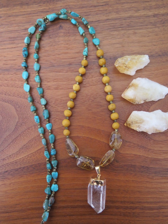 Long Turquoise & Yellow Stone Necklace Raw Pointed Clear