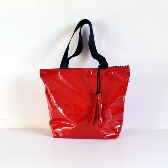 Red tote bag , Red handbag , Red Faux patent leather shopper bag
