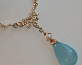 Blue Chalcedony Necklace, Pearl Gold Leaf Necklace, Blue Chalcedony Teardrop Pendant, Gold Leaves, Y Necklace by Maggie McMane Designs