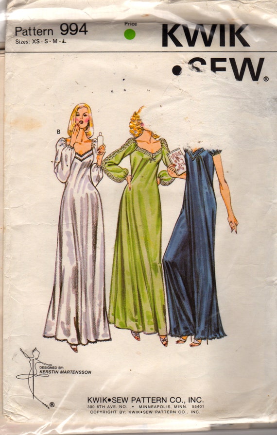 Kwik Sew 994 1970s Misses Evening Length Nightgown Pattern Raglan Sleeve Womens Sewing Pattern Size xs s m l Bust 31 - 41 UNCUT