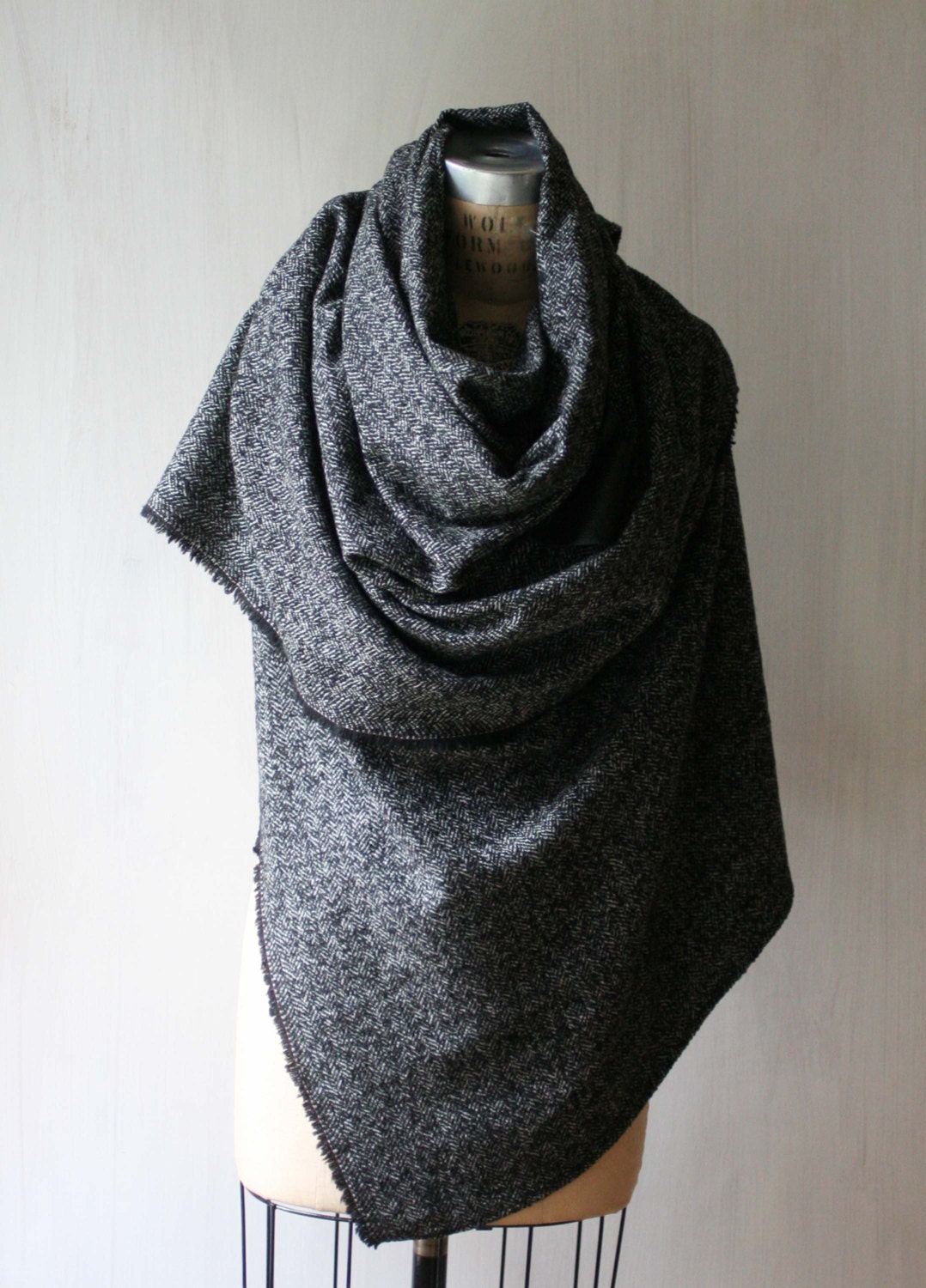 Wool Herringbone Scarf / Black & White Wool Blanket Scarf