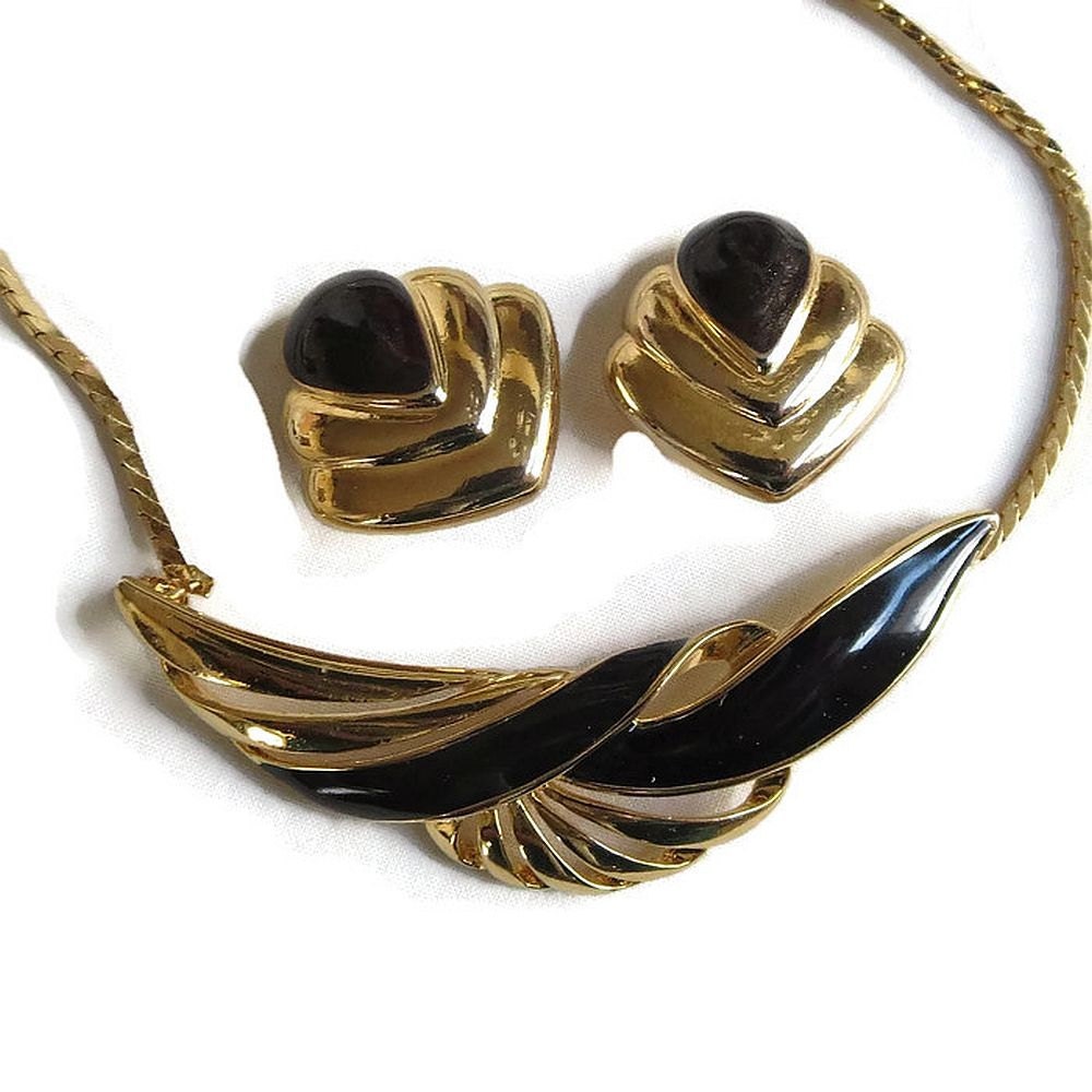 Black Enamel Necklace and Earrings Set Vintage Choker