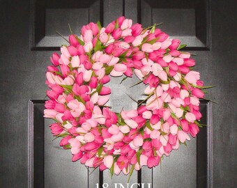 Spring Wreath- Pink Mini Tulip Spring Wreath- Front Door Wreath for Spring