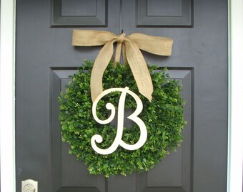 Faux Boxwood Wreath, Monogram Spring Wreath, Outdoor Door Hanging, Fall Wreaths, Spring Decor, Boxwood with Burlap Bow
