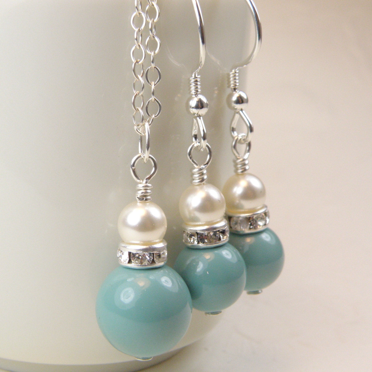 Mint Green Pearl Necklace and Earrings Sterling Silver