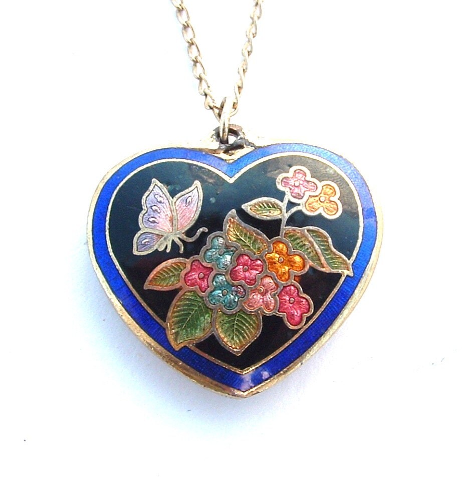 Vintage Cloisonne Heart Pendant Necklace Butterfly Flowers Enamel