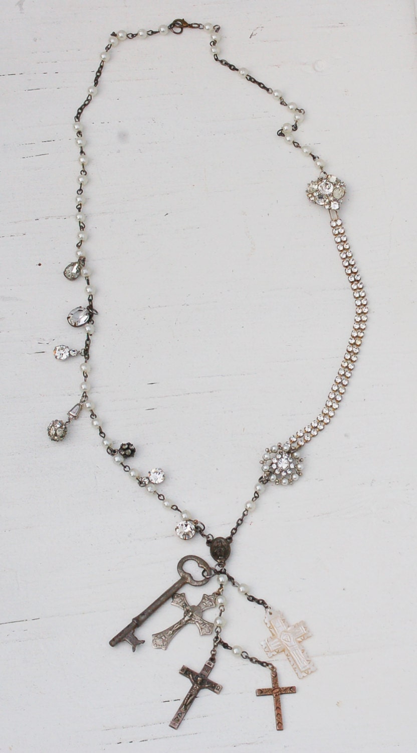 Rhinestones to Heaven Vintage Rosary Necklace by redtruckdesigns