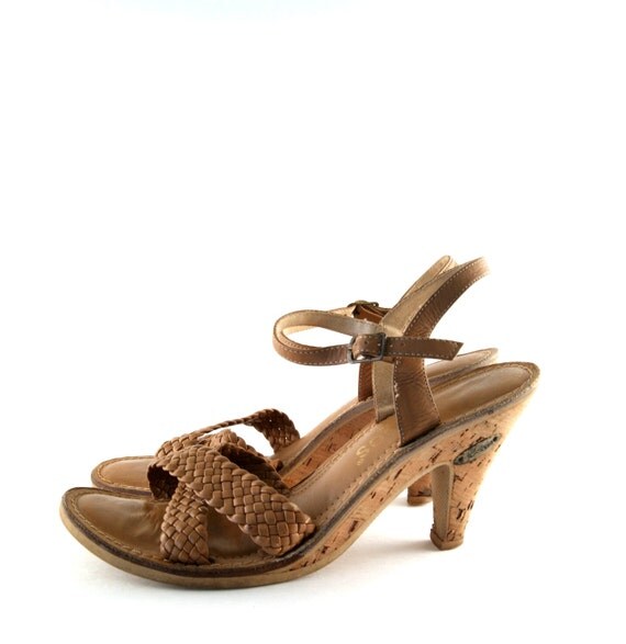 Vintage Strappy Sandals - 70s Cork and Leather Braided Heels Coachella