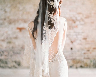 Wedding Veil, Lace Veil, Mantilla Veil, Bridal Veil, Short beaded Veil, Ivory Veil, Fingertip Veil, Beaded Veil, Champagne Veil - Style 312