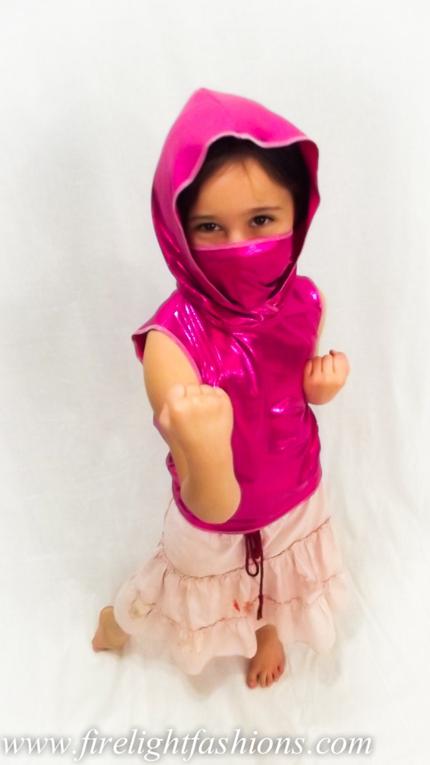 girls ninja hoodie tank top kids shiny print shirt with hood