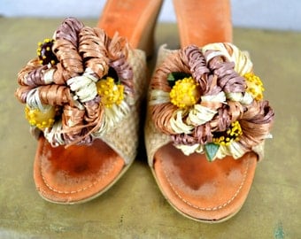 Mid Century 1940s 50s Mexican Trim Tred Fiesta Wedge Straw Party Sandals Shoes