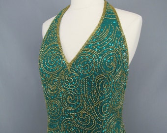 Vintage 1980s Emerald Green and Gol d Short Sequin Beaded Halter Dress ...