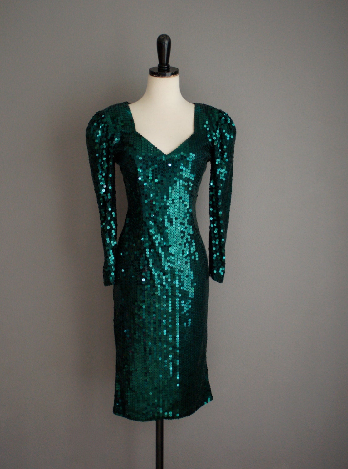 Vintage OLEG Cassini Sequin EMERALD Green Cocktail Dress 80s