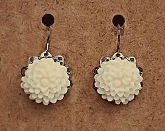 Handmade Ivory Flower Earrings Ivory Resin Flower Earrings Gunmetal Filigree Earrings