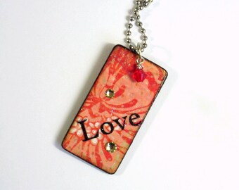 Decoupaged Keychain Rectangle Wood Love Key Chain Swarovski Crystal Embellished Gift for Her Under 10