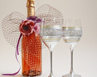 Wine Glasses, Wedding Glasses, Toasting Glasses, Hand Painted, Set of 2