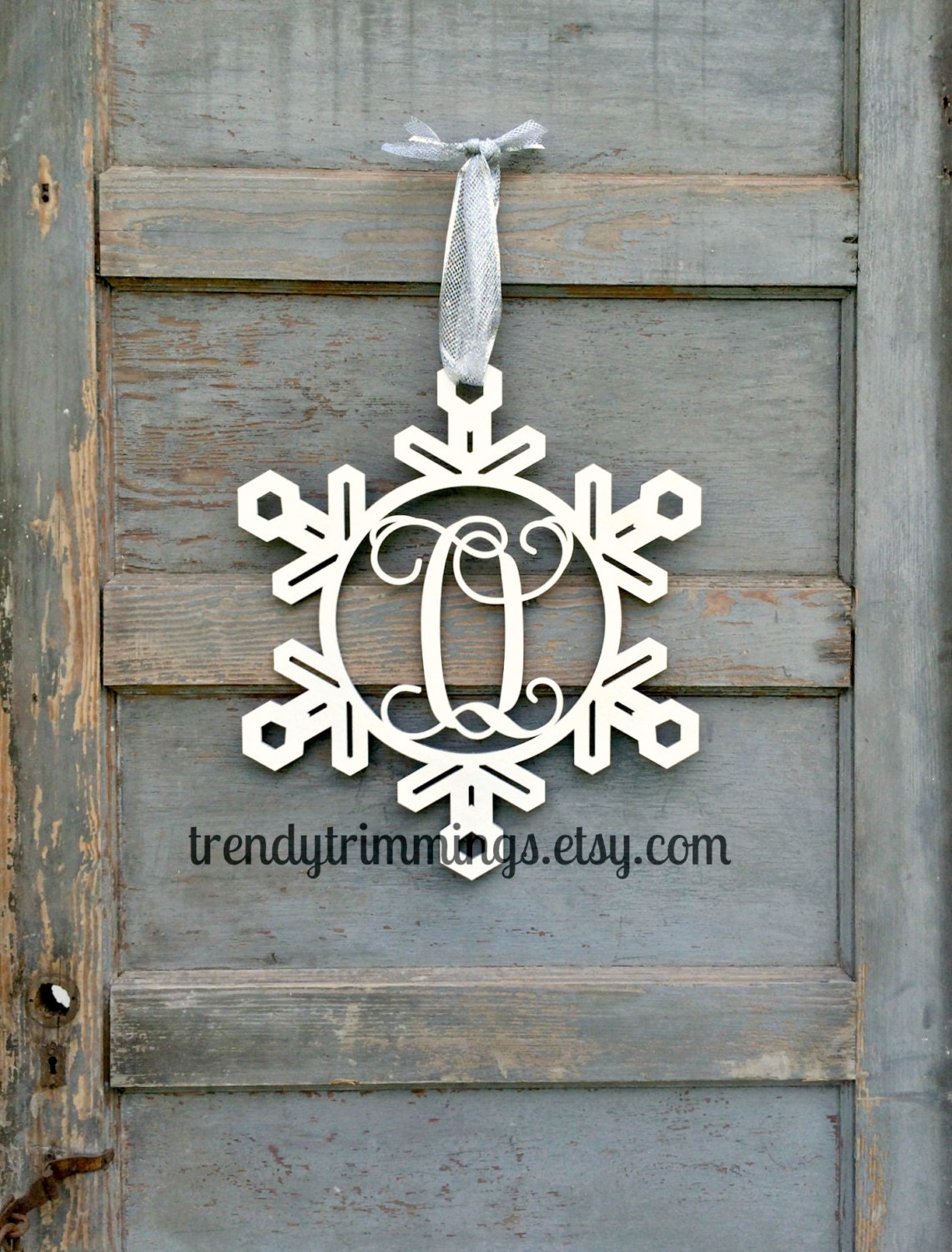 Snowflake Monogram- Holiday Trimmings™ Wooden Monogram Letter- Interlocking Script, Door Hanger Wreath- Christmas, winter holiday decoration