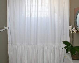 Custom Shower Curtain White Single Long Ruffle Shabby Chic Farmhouse Chic Boho Chic Coastal Cottage Country Cottage Beach